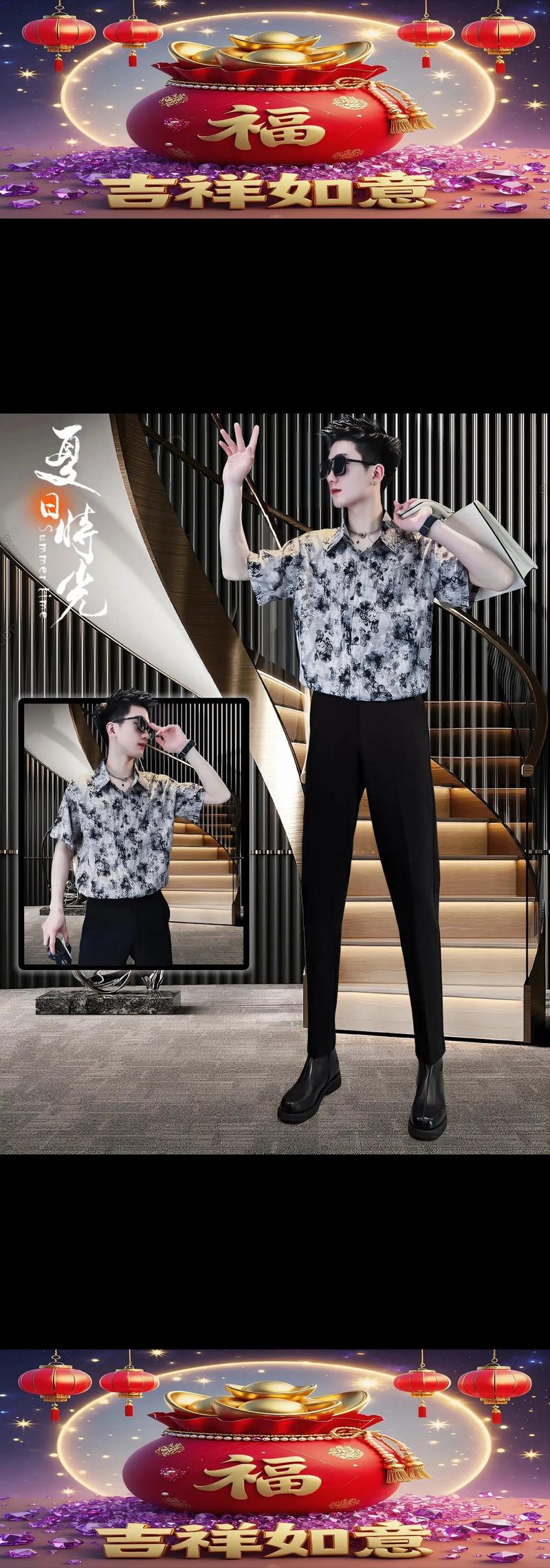 抖音韩国跳舞男花衬衫