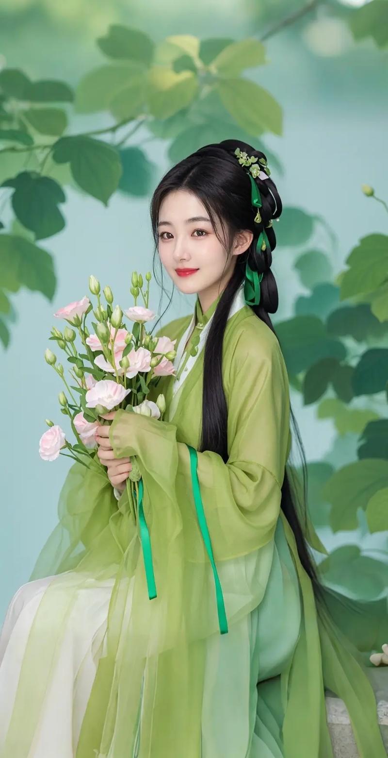 抖音淡绿色衣服美女